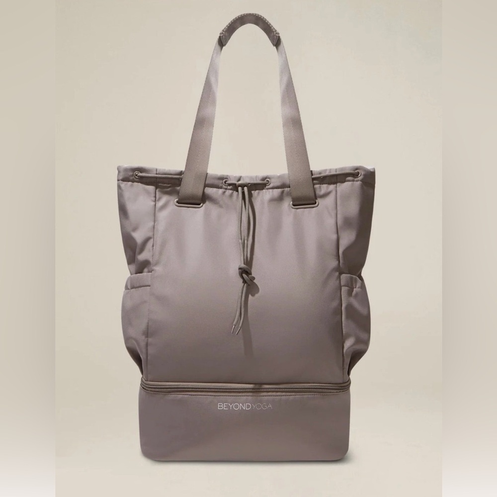 Beyond Yoga Taupe Drawstring Top Backpack with Lower Zip Compartment - Picture 2 of 9